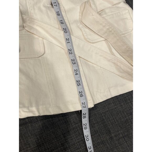 French Cuff White Belted Stretch Denim Buttoned Jacket Sz L - Picture 10 of 10